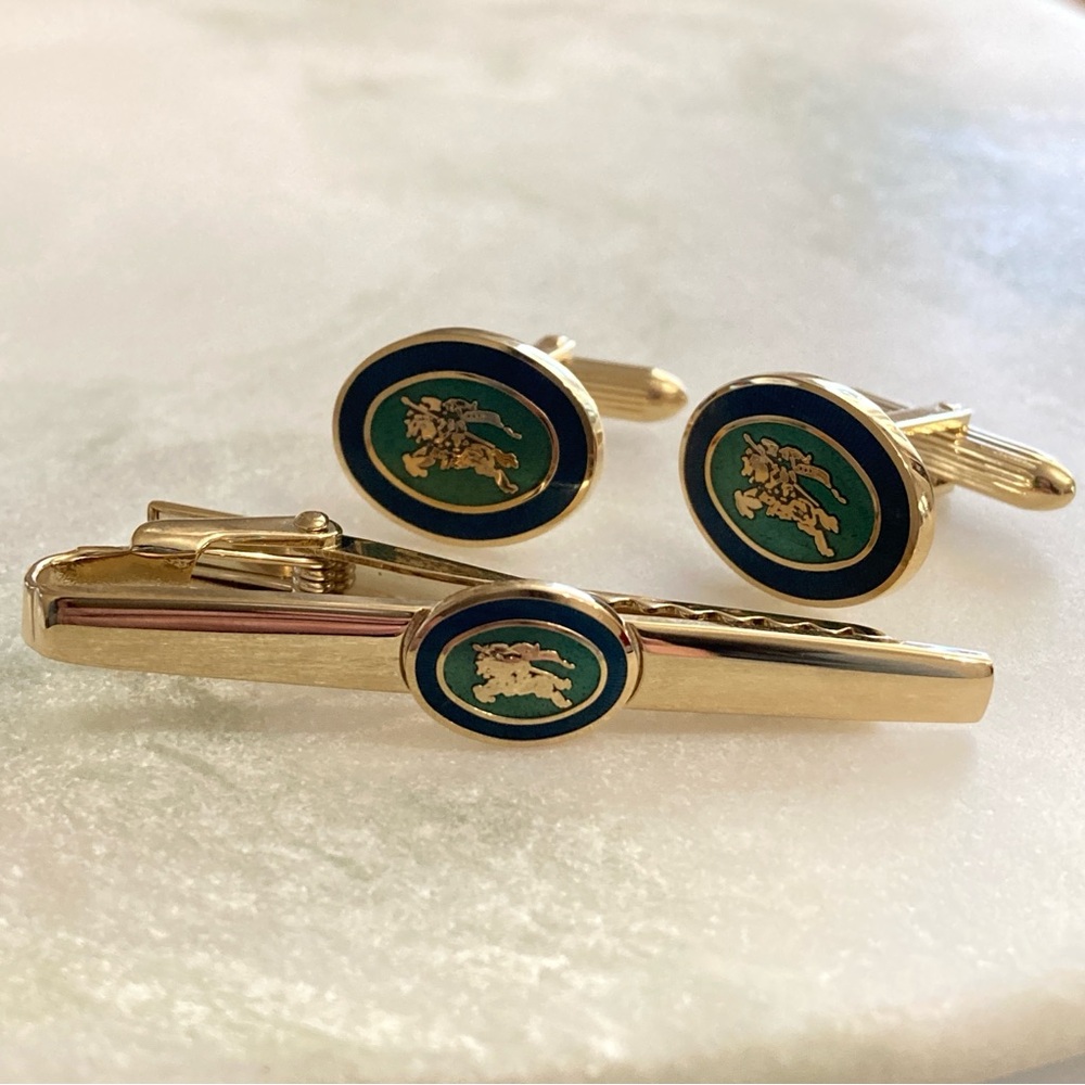 💚 Burberry Vintage Cuff Links + Tie Clip Set